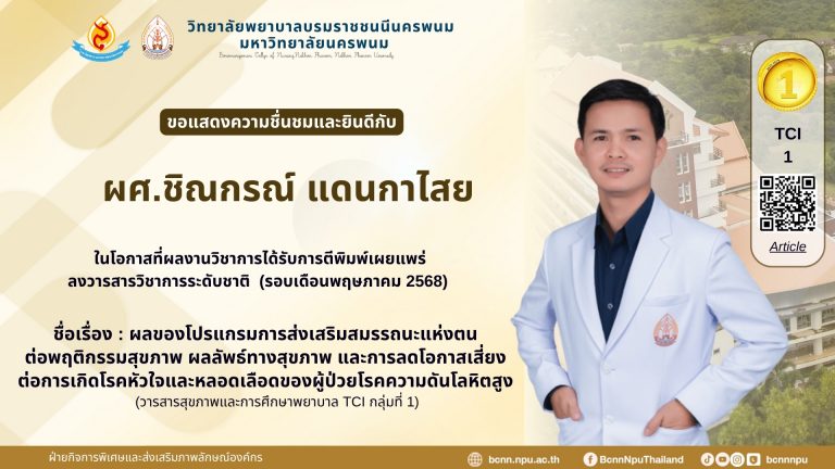 ขอแสดงความชื่นชมและยินดีกับผศ.ชิณกรณ์ แดนกาไสย ในโอกาสที่ผลงานวิชาการได้รับการตีพิมพ์เผยแพร่ ลงวารสารวิชาการระดับชาติ (รอบเดือนพฤษภาคม 2568)ชื่อเรื่อง : ผลของโปรแกรมการส่งเสริมสมรรถนะแห่งตนต่อพฤติกรรมสุขภาพ ผลลัพธ์ทางสุขภาพ และการลดโอกาสเสี่ยงต่อการเกิดโรคหัวใจและหลอดเลือดของผู้ป่วยโรคความดันโลหิตสูง (วารสารสุขภาพและการศึกษาพยาบาล TCI กลุ่มที่ 1)