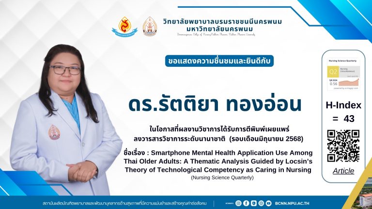 Congratulations and Appreciation to Dr. Rattiya Thongaonon the occasion of her academic work being publishedin an international academic journal (June 2025 issue) Title: Smartphone Mental Health Application Use Among Thai Older Adults: A Thematic Analysis Guided by Locsin’s Theory of Technological Competency as Caring in Nursing (Published in Nursing Science Quarterly)