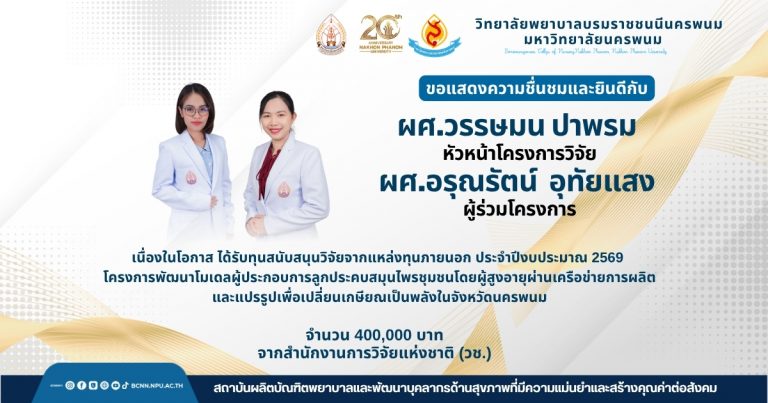 ขอแสดงความชื่นชมและยินดีกับ ผศ.วรรษมน ปาพรม หัวหน้าโครงการวิจัย ผศ.อรุณรัตน์ อุทัยแสง ผู้ร่วมโครงการ