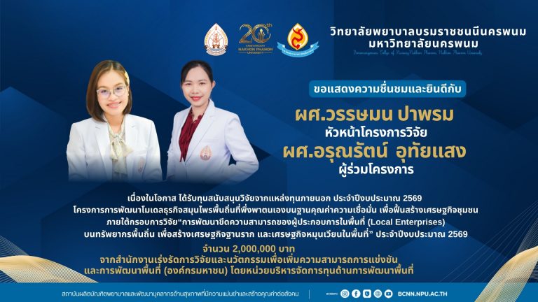 ขอแสดงความชื่นชมและยินดีกับ ผศ.วรรษมน ปาพรม หัวหน้าโครงการวิจัย ผศ.อรุณรัตน์ อุทัยแสง ผู้ร่วมโครงการ เนื่องในโอกาส ได้รับทุนสนับสนุนวิจัยจากแหล่งทุนภายนอก ประจำปีงบประมาณ 2569โครงการการพัฒนาโมเดลธุรกิจสมุนไพรพื้นถิ่นที่พึ่งพาตนเองบนฐานคุณค่าความเชื่อมั่น เพื่อฟื้นสร้างเศรษฐกิจชุมชน ภายใต้กรอบการวิจัย“การพัฒนาขีดความสามารถของผู้ประกอบการในพื้นที่ (Local Enterprises)บนทรัพยากรพื้นถิ่น เพื่อสร้างเศรษฐกิจฐานราก และเศรษฐกิจหมุนเวียนในพื้นที่” ประจำปีงบประมาณ 2569