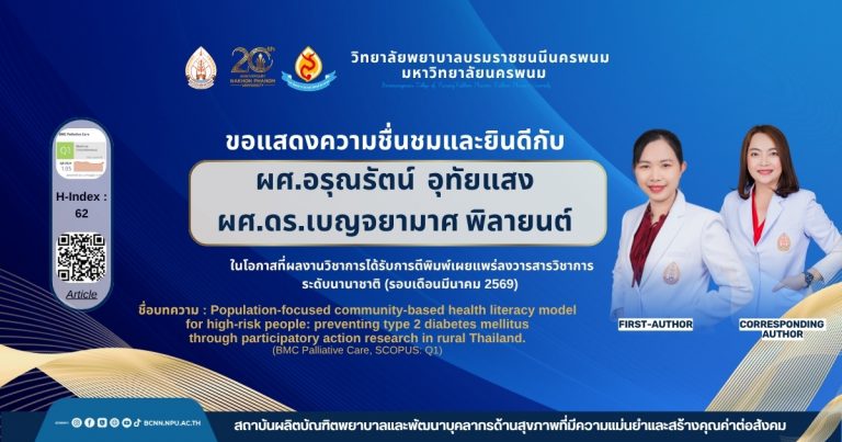 ขอแสดงความชื่นชมและยินดีกับ ผศ.อรุณรัตน์ อุทัยแสง ผศ.ดร.เบญจยามาศ พิลายนต์ ในโอกาสที่ผลงานวิชาการได้รับการตีพิมพ์เผยแพร่ลงวารสารวิชาการระดับนานาชาติ (รอบเดือนมีนาคม 2569) ชื่อบทความ : Population-focused community-based health literacy model for high-risk people: preventing type 2 diabetes mellitus through participatory action research in rural Thailand. (BMC Palliative Care, SCOPUS: Q1)
