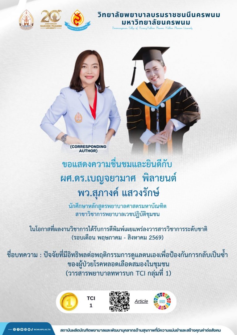 ขอแสดงความชื่นชมและยินดีกับผศ.ดร.เบญจยามาศ พิลายนต์พว.สุภางค์ แสวงรักษ์นักศึกษาหลักสูตรพยาบาลศาสตรมหาบัณฑิตสาขาวิชาการพยาบาลเวชปฏิบัติชุมชน