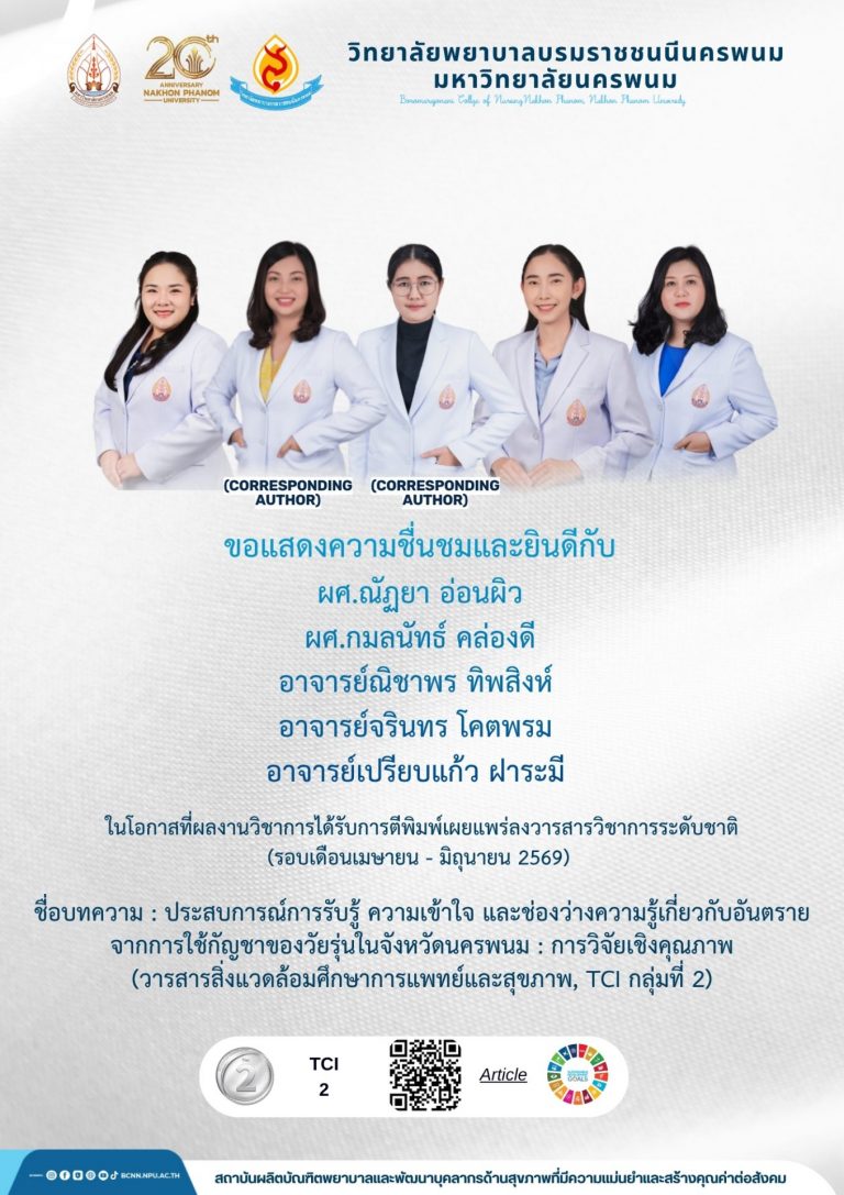 ขอแสดงความชื่นชมและยินดีกับ ผศ.ณัฏยา อ่อนผิว ผศ.กมลนัทธ์ คล่องดี อาจารย์ณิชาพร ทิพสิงห์ อาจารย์จรินทร โคตพรม อาจารย์เปรียบแก้ว ฝาระมี ในโอกาสที่ผลงานวิชาการได้รับการตีพิมพ์เผยแพร่ลงวารสารวิชาการระดับชาติ (รอบเดือนเมษายน – มิถุนายน 2569) ชื่อบทความ : ประสบการณ์การรับรู้ ความเข้าใจ และช่องว่างความรู้เกี่ยวกับอันตราย จากการใช้กัญชาของวัยรุ่นในจังหวัดนครพนม : การวิจัยเชิงคุณภาพ(วารสารสิ่งแวดล้อมศึกษาการแพทย์และสุขภาพ, TCI กลุ่มที่ 2)